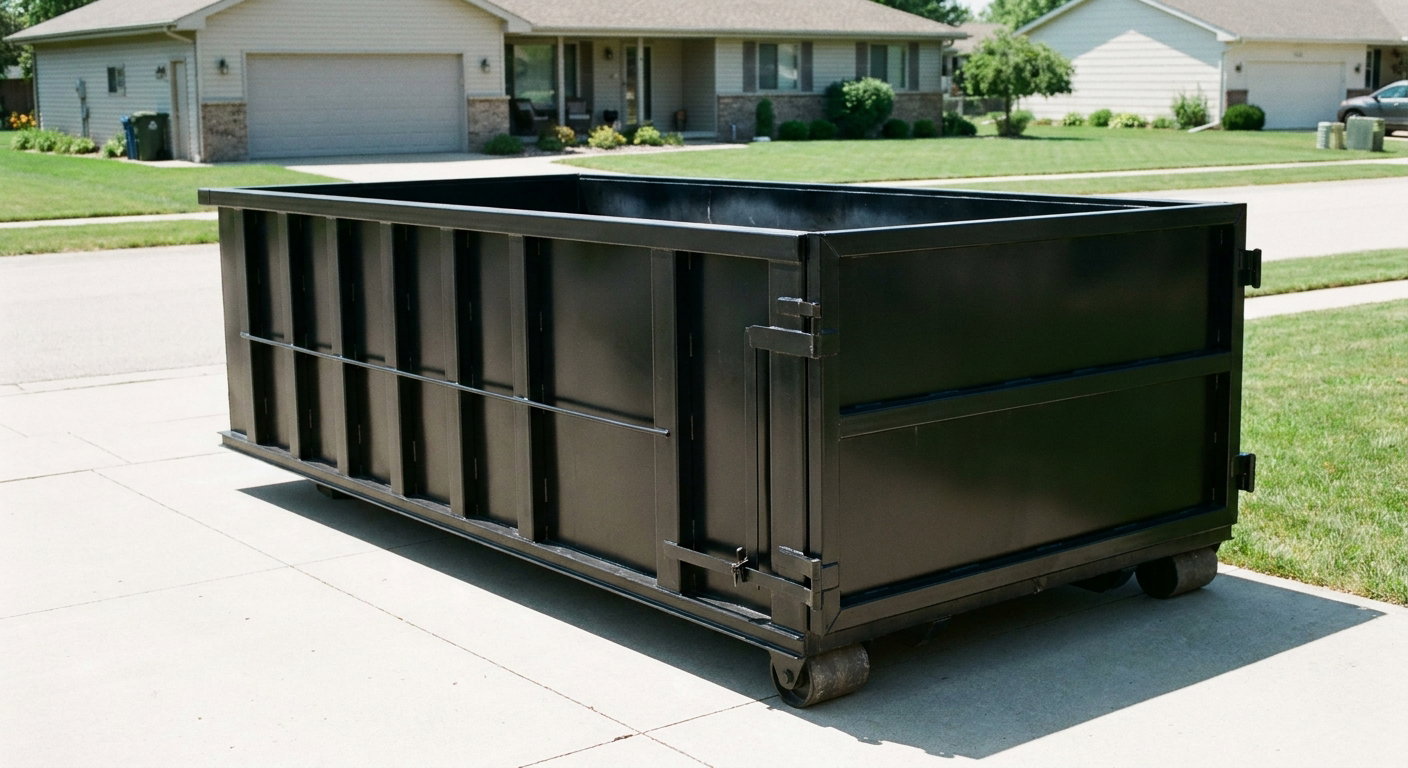 Matte-black 10-yard roll-off dumpster on a residential concrete driveway in New York, uniformly painted matte black across every panel and rail, ribbed steel sidewalls and rear swing door visible, mid-day daylight.