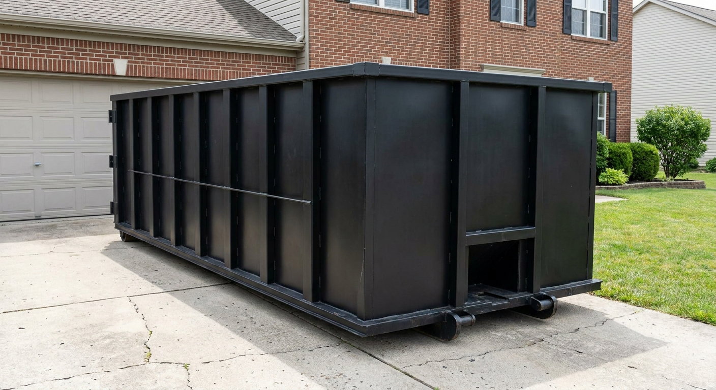 Matte-black 20-yard roll-off container on a New York residential concrete driveway with reinforced ribbed steel sidewalls and a hinged rear walk-in door, clean bright daylight.