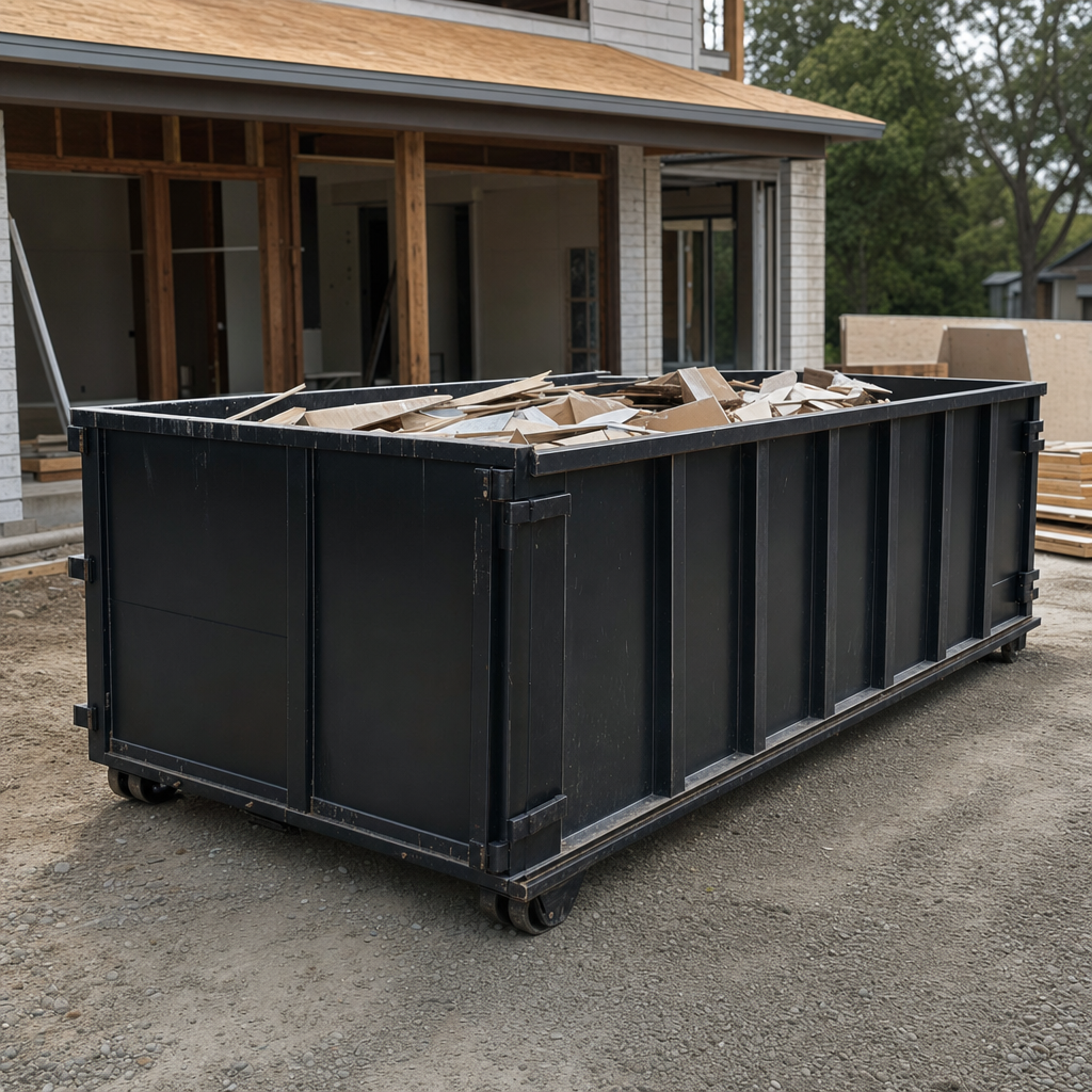 Large matte-black 30-yard construction roll-off dumpster at an active New York jobsite, steel-gray top rails and bottom rollers visible, loaded with construction debris.