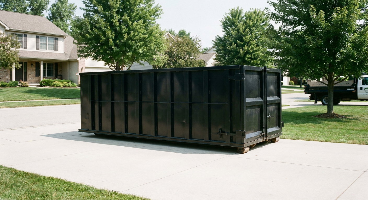 Matte-black 20-yard roll-off dumpster sitting level on a clean New York residential concrete driveway under bright daylight, demonstrating clean placement directly on the concrete.