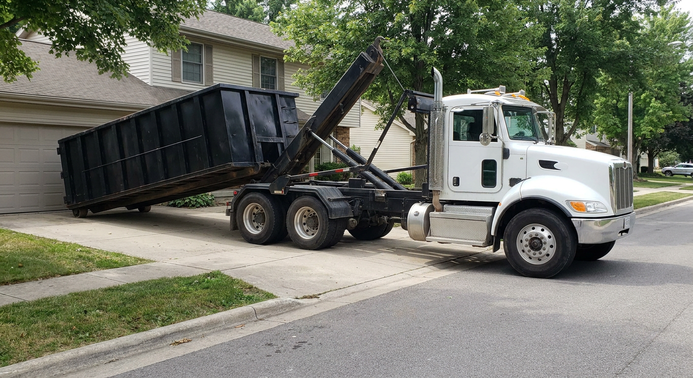 White-cab hooklift roll-off truck actively lowering a matte-black dumpster onto a New York residential concrete driveway, the dumpster's rear wheels touching the driveway as the hoist arm tilts the bed forward, mid-morning daylight.