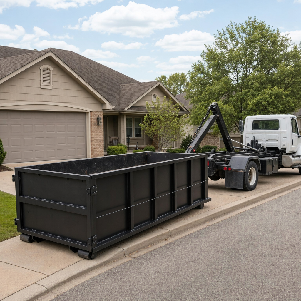 Wide documentary shot of a matte-black roll-off dumpster on a New York residential driveway in the foreground and a contractor jobsite container in the soft-focus background, bright daylight, calm and orderly composition.