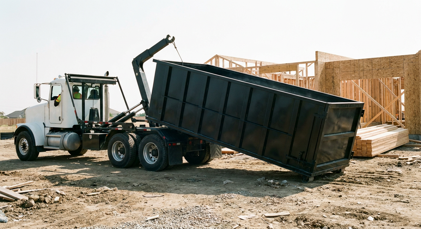Matte-black roll-off dumpster being delivered onto a clean residential concrete driveway in New York by an unmarked white hooklift hauler truck, bright morning daylight, documentary 35mm perspective.